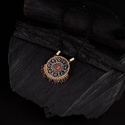 WHE Black & Red Two in One Repurposed Ajrakh Fabric & Wood Round Pendant Necklace 14