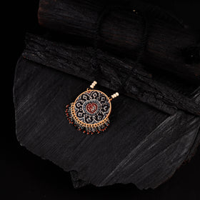 WHE Black & Red Two in One Repurposed Ajrakh Fabric & Wood Round Pendant Necklace 14