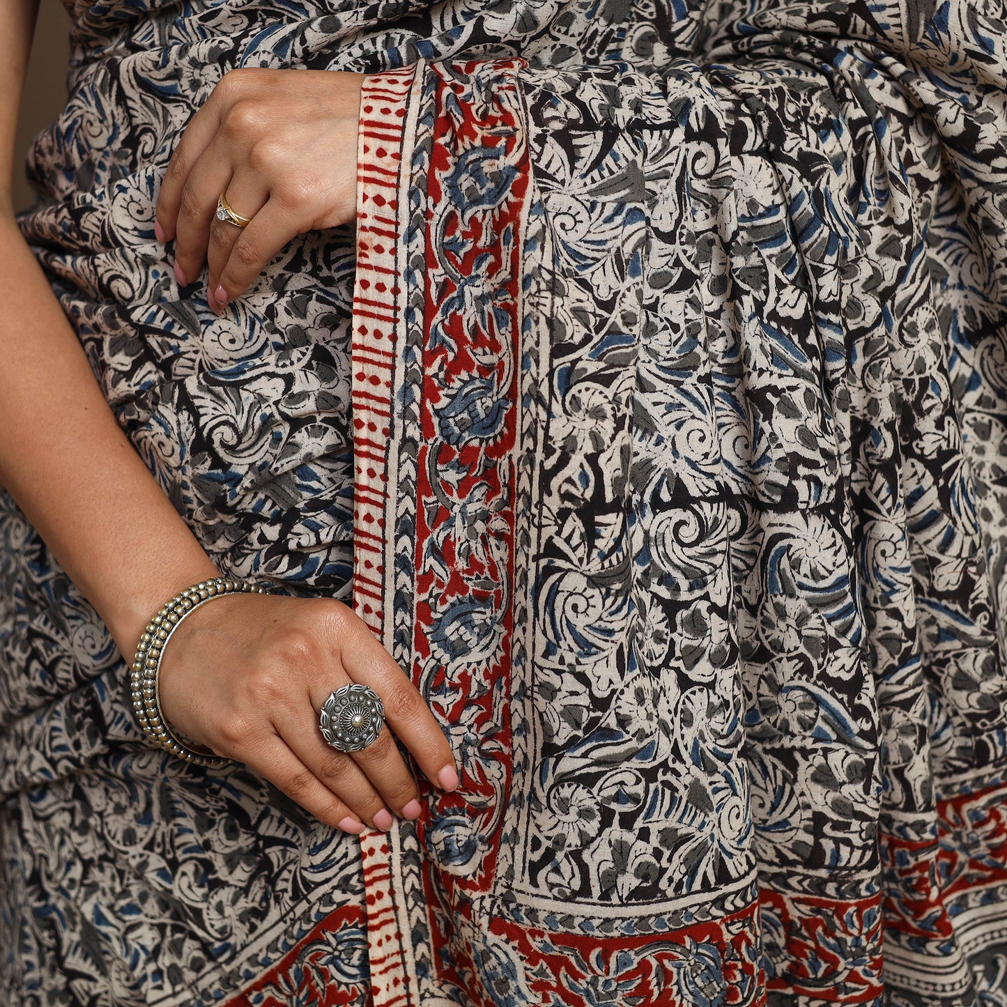 Black Pedana Block Print Cotton Kalamkari Saree