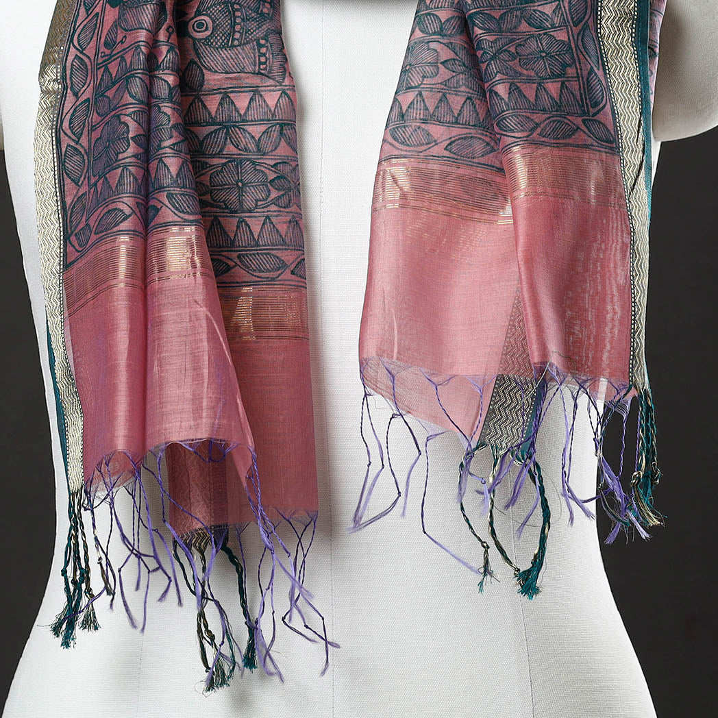 Blue - Madhubani Handpainted Chanderi Silk Handloom Stole 12
