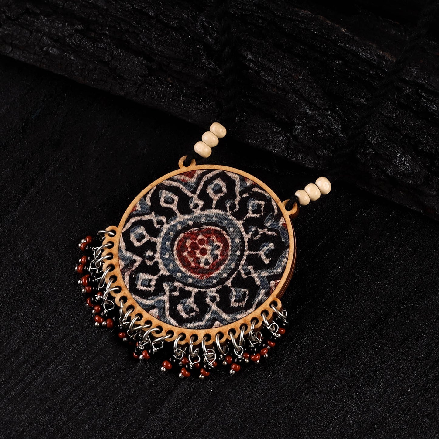 WHE Black & Red Two in One Repurposed Ajrakh Fabric & Wood Round Pendant Necklace 14
