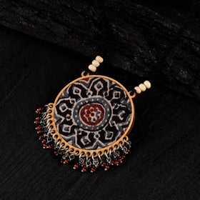 WHE Black & Red Two in One Repurposed Ajrakh Fabric & Wood Round Pendant Necklace 14