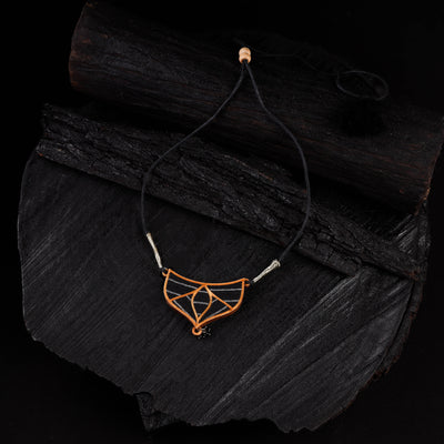 WHE Black Repurposed Line Fabric & Wood Necklace 15