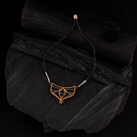 WHE Black Repurposed Line Fabric & Wood Necklace 15
