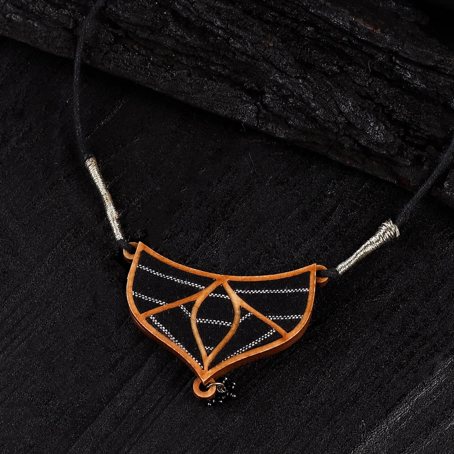 WHE Black Repurposed Line Fabric & Wood Necklace 15