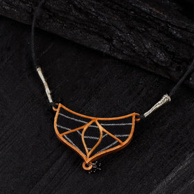 WHE Black Repurposed Line Fabric & Wood Necklace 15