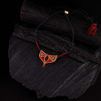 WHE Maroon Repurposed Ajrakh Fabric & Wood Necklace 16
