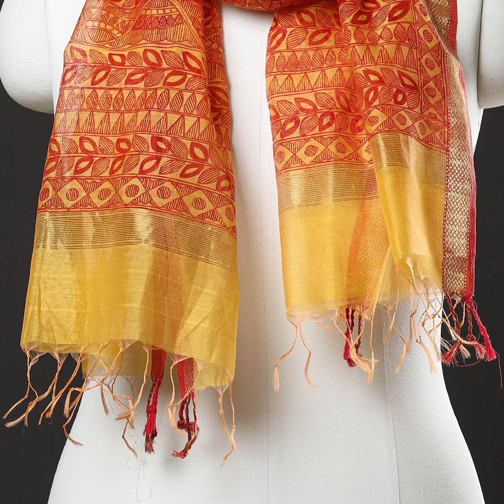 Orange - Madhubani Handpainted Chanderi Silk Handloom Stole 16