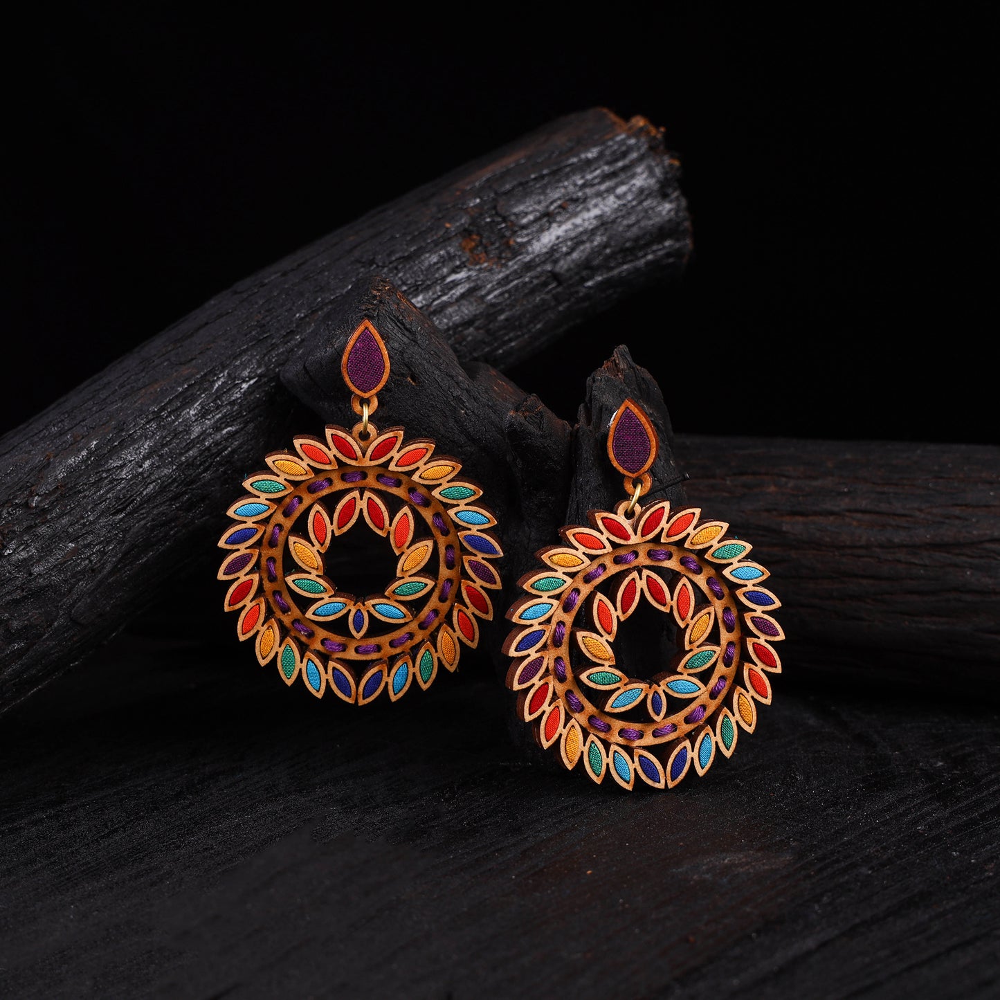WHE Multicolor Repurposed Fabric & Wood Statement Earrings 43