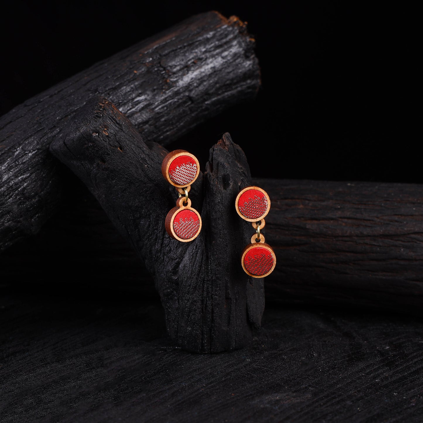 WHE Red Festive Repurposed Banarasi Brocade Fabric & Wood Earrings 18