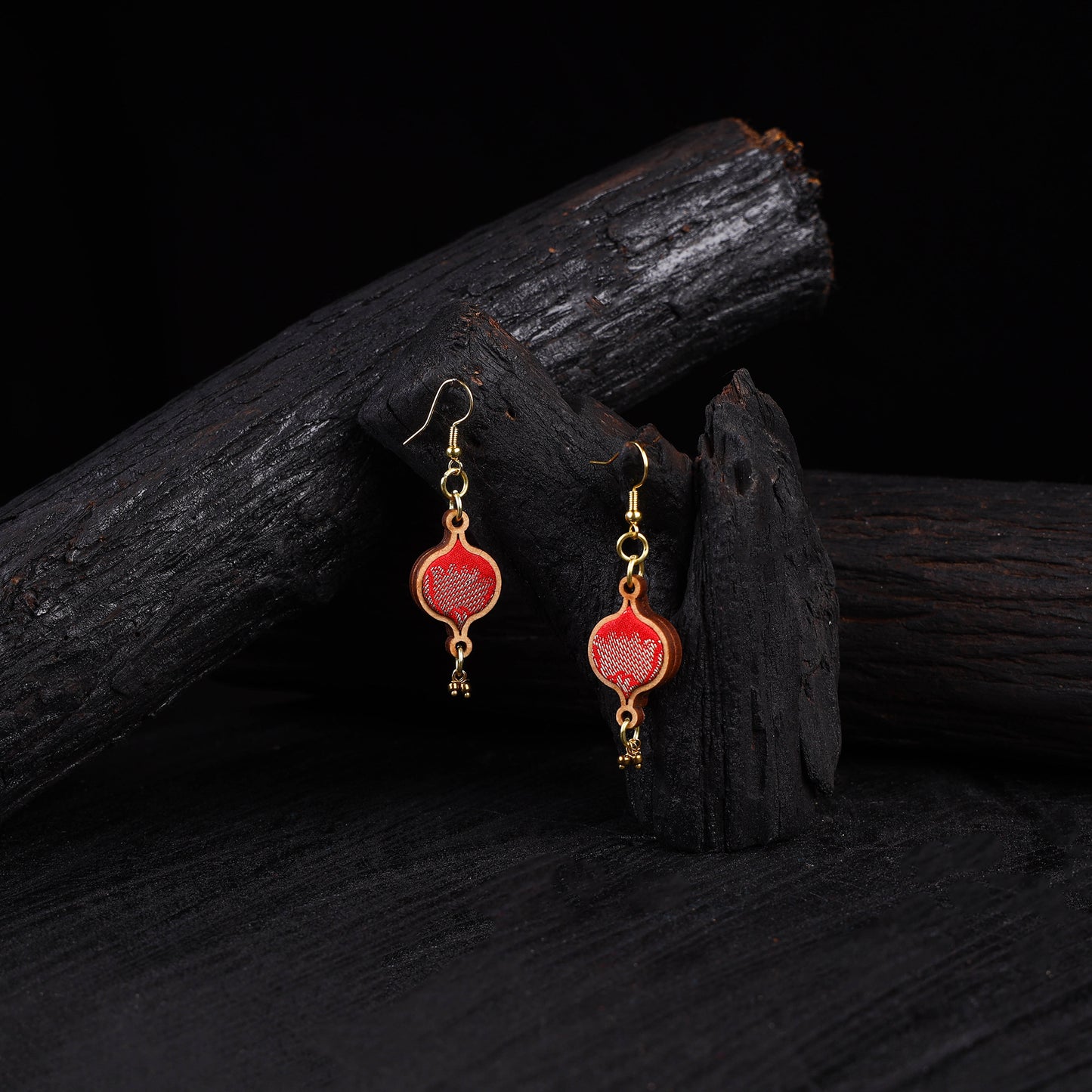 WHE Red Festive Repurposed Banarasi Brocade Fabric & Wood Earrings 19