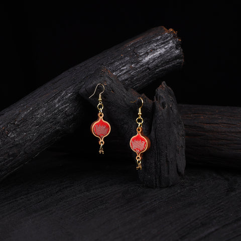 WHE Red Festive Repurposed Banarasi Brocade Fabric & Wood Earrings 19