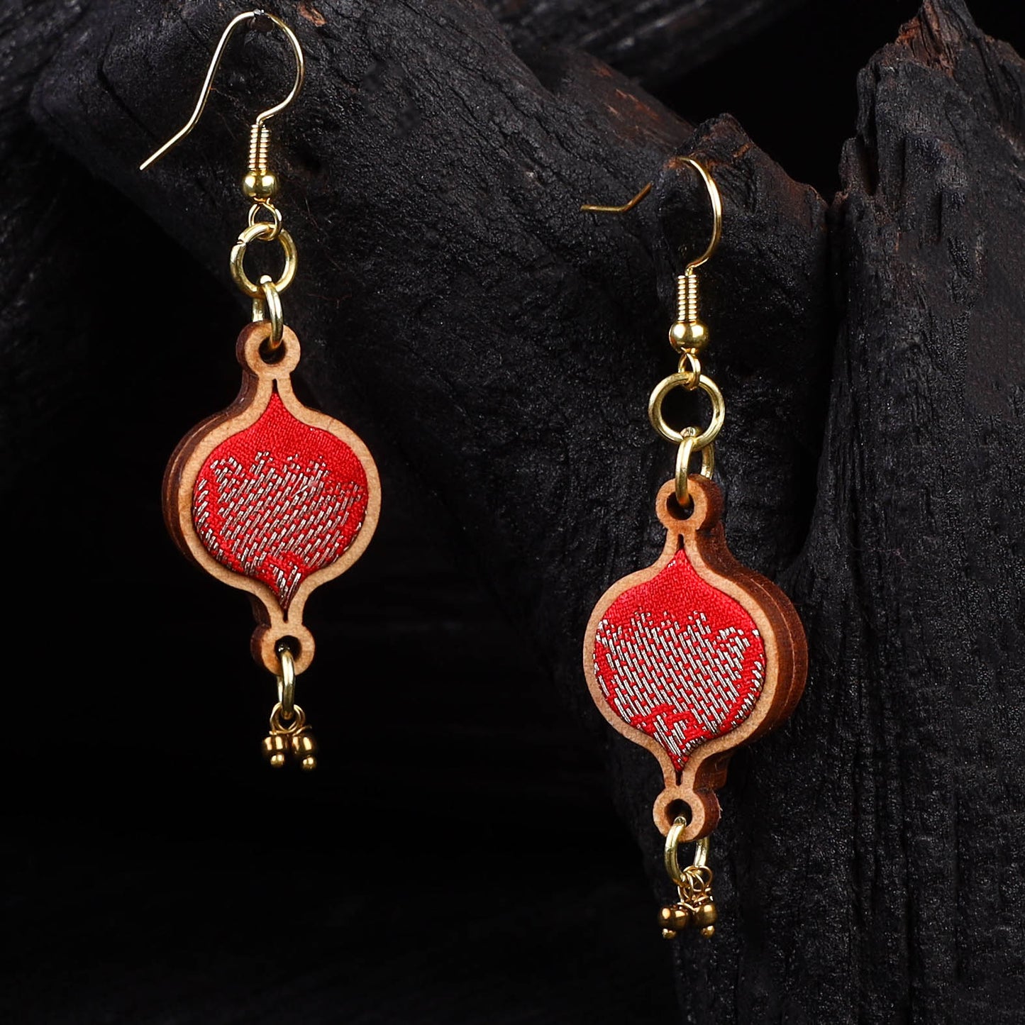 WHE Red Festive Repurposed Banarasi Brocade Fabric & Wood Earrings 19