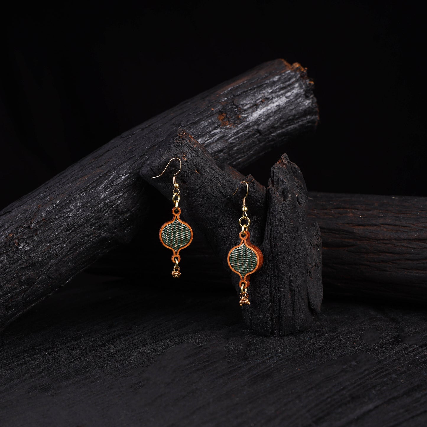 WHE Green Festive Repurposed Banarasi Brocade Fabric & Wood Earrings 21
