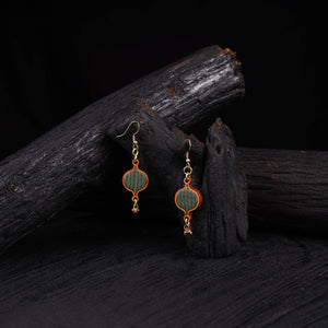 WHE Green Festive Repurposed Banarasi Brocade Fabric & Wood Earrings 21