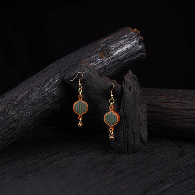 WHE Green Festive Repurposed Banarasi Brocade Fabric & Wood Earrings 21