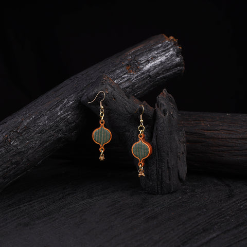 WHE Green Festive Repurposed Banarasi Brocade Fabric & Wood Earrings 21