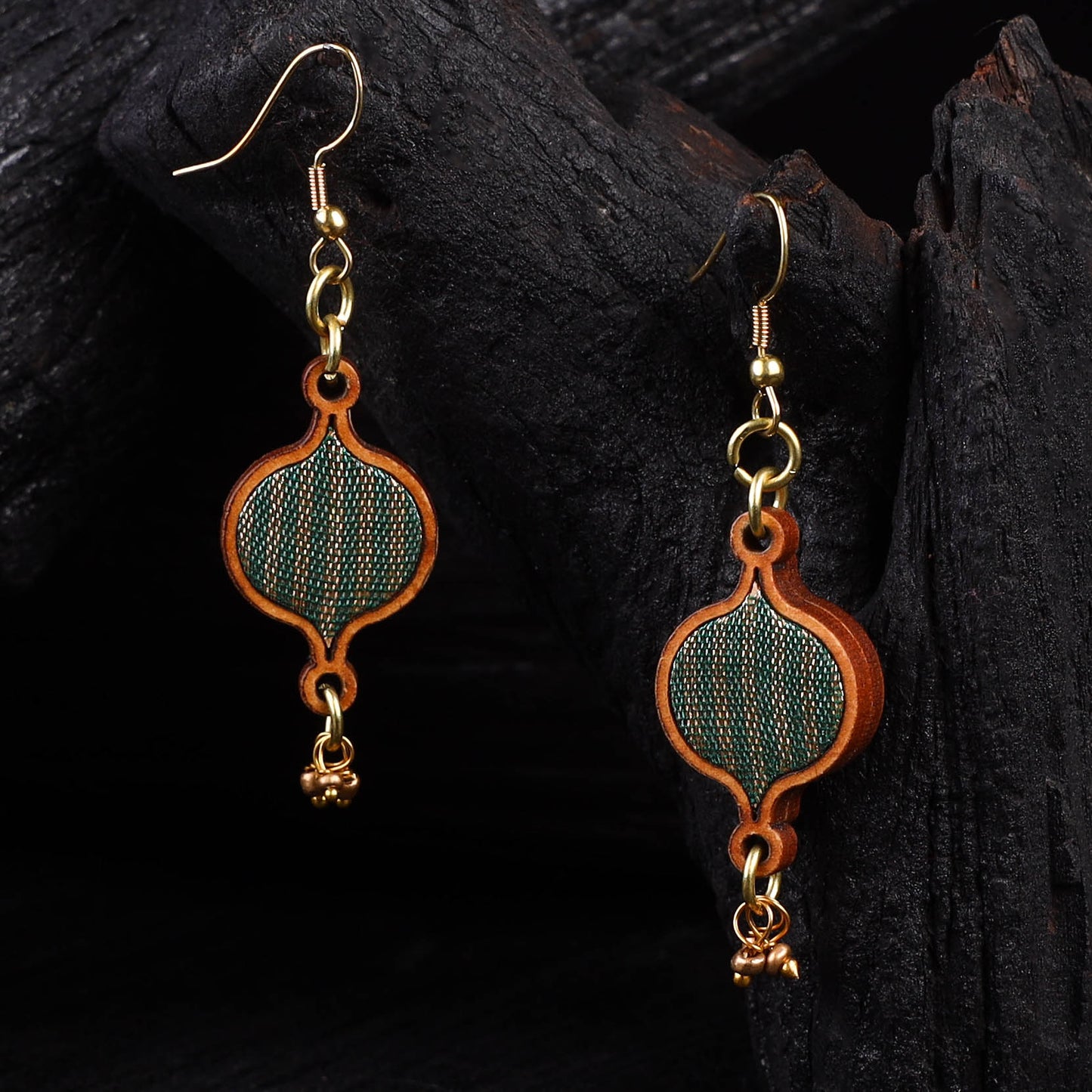 WHE Green Festive Repurposed Banarasi Brocade Fabric & Wood Earrings 21