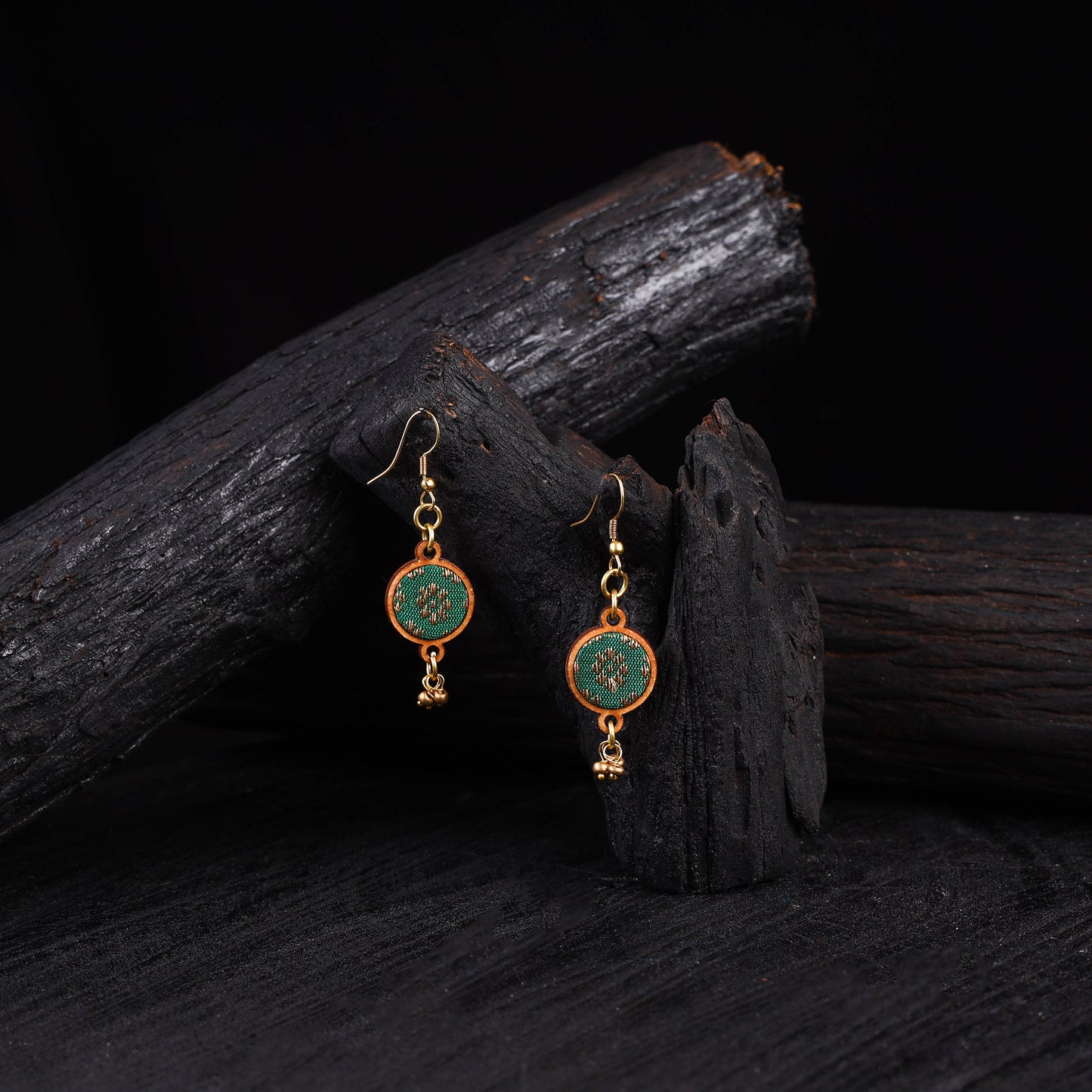 WHE Green Festive Repurposed Banarasi Brocade Fabric & Wood Earrings 22