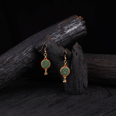 WHE Green Festive Repurposed Banarasi Brocade Fabric & Wood Earrings 22