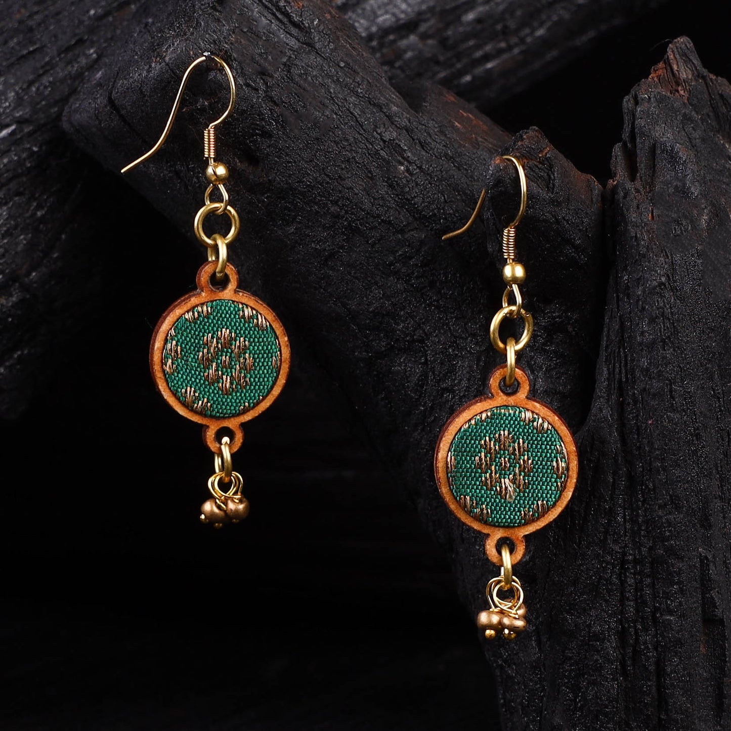 WHE Green Festive Repurposed Banarasi Brocade Fabric & Wood Earrings 22