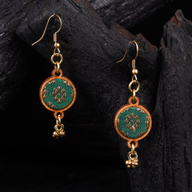 WHE Green Festive Repurposed Banarasi Brocade Fabric & Wood Earrings 22