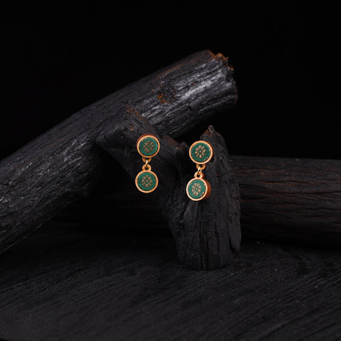 WHE Green Festive Repurposed Banarasi Brocade Fabric & Wood Earrings 23