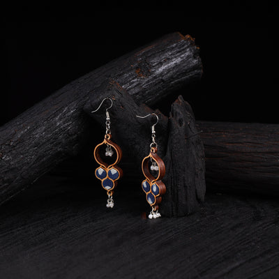 WHE Indigo Repurposed Fabric & Wood Round Danglers 24