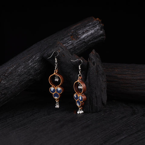 WHE Indigo Repurposed Fabric & Wood Round Danglers 24