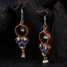 WHE Indigo Repurposed Fabric & Wood Round Danglers 24
