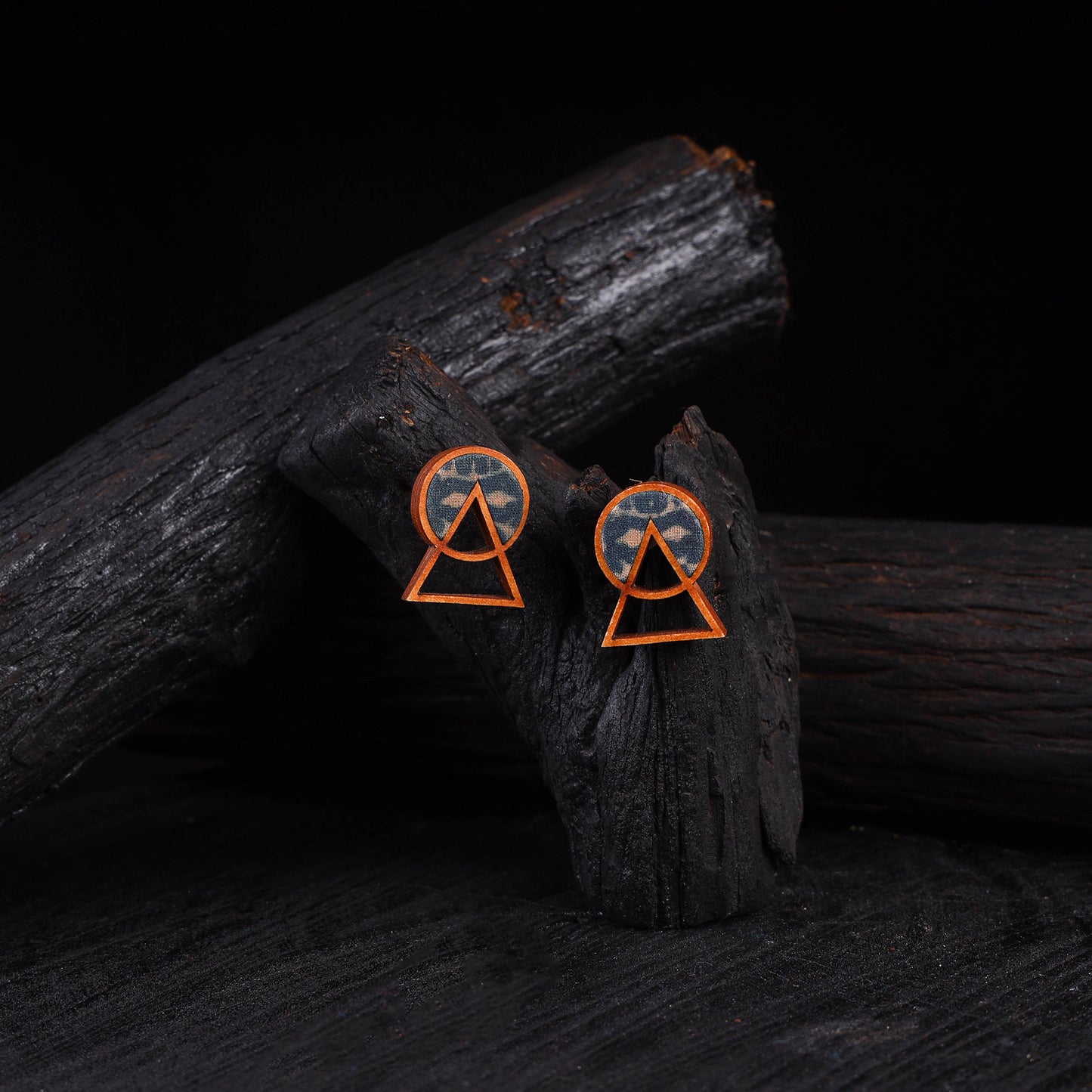 WHE Blue Two Look in One Repurposed Fabric & Wood Geometric Stud Earrings 25