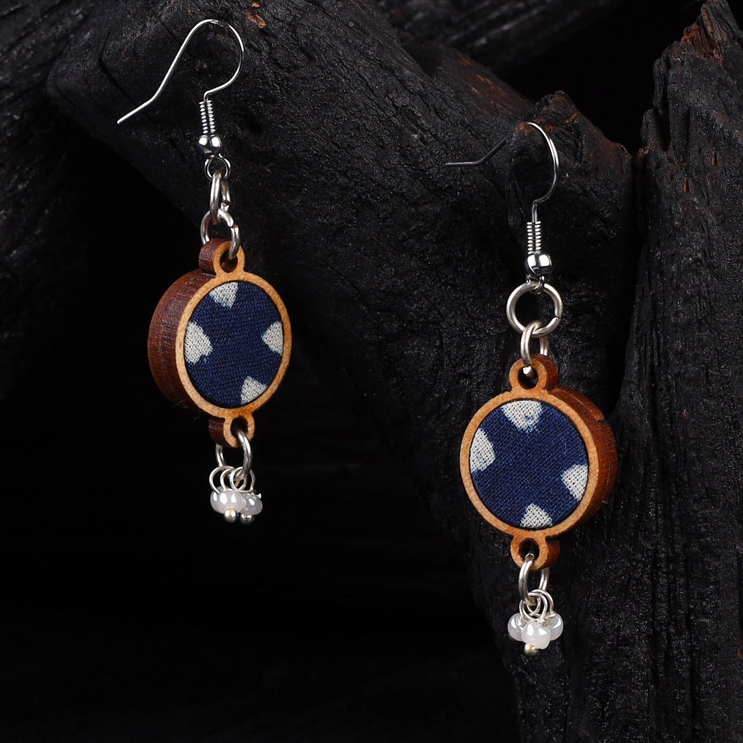 WHE Indigo Blue Repurposed Fabric & Wood Danglers 26