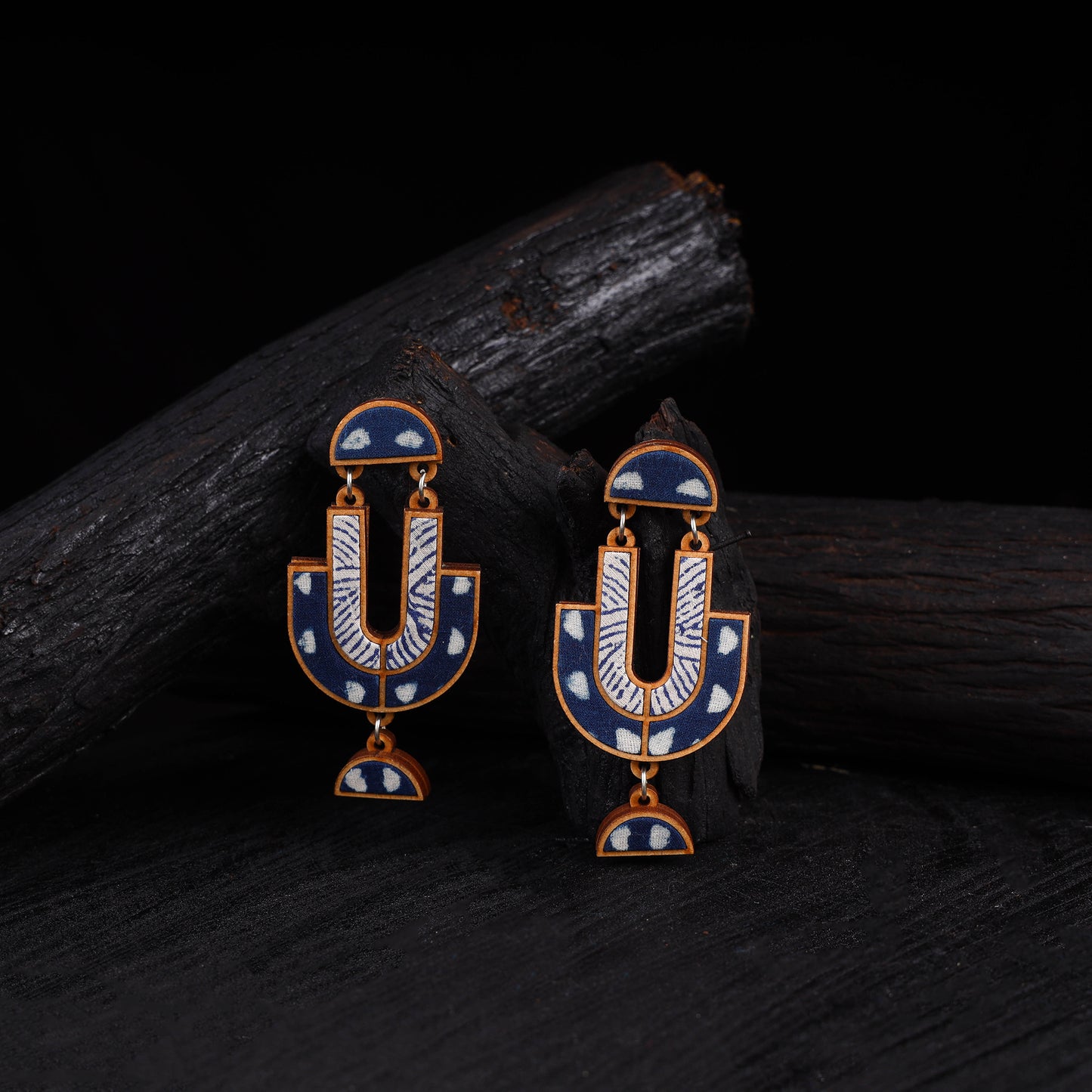 WHE Indigo Blue Repurposed Fabric & Wood Statement Earrings 27