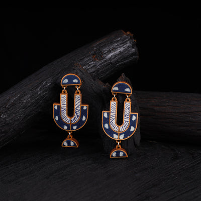 WHE Indigo Blue Repurposed Fabric & Wood Statement Earrings 27