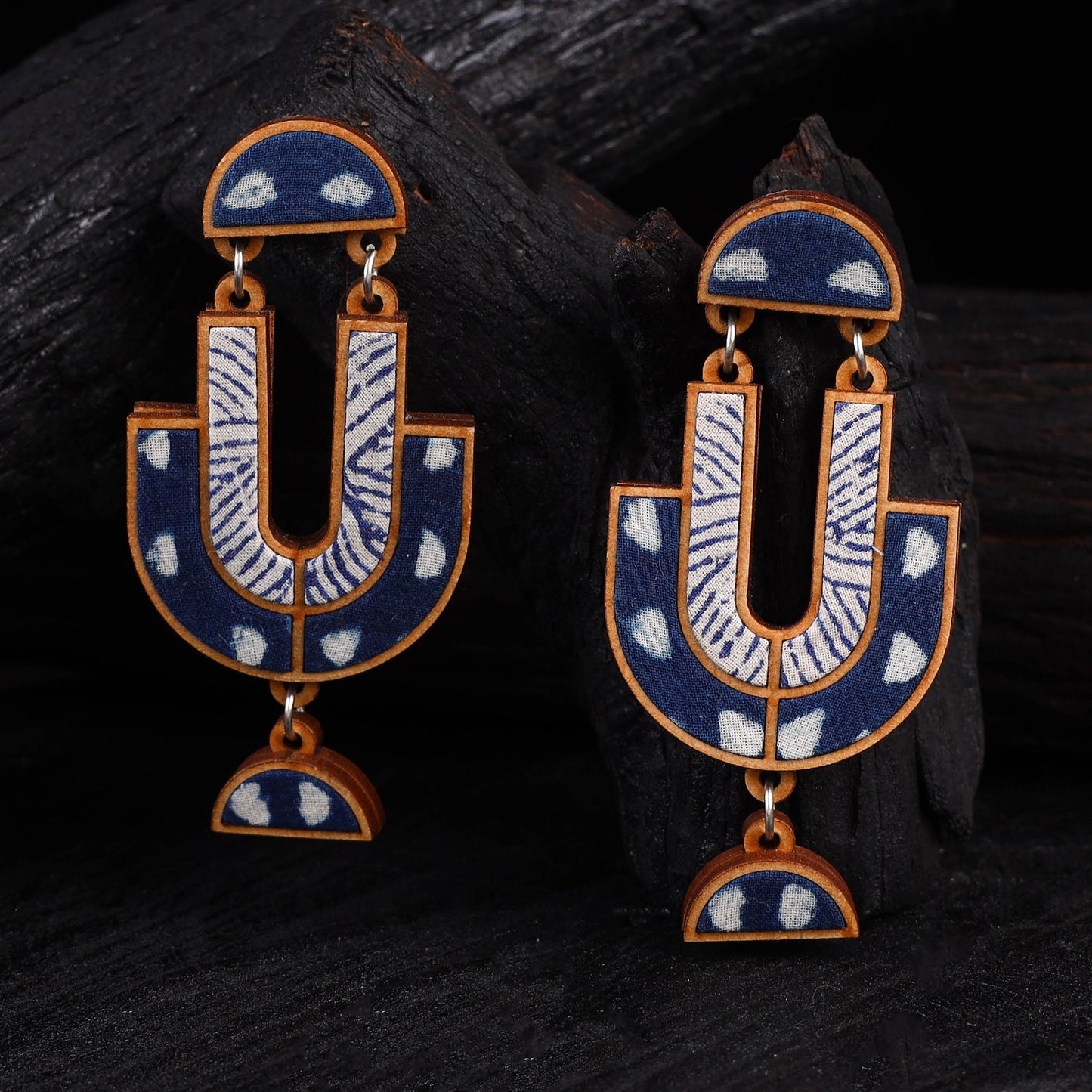 WHE Indigo Blue Repurposed Fabric & Wood Statement Earrings 27