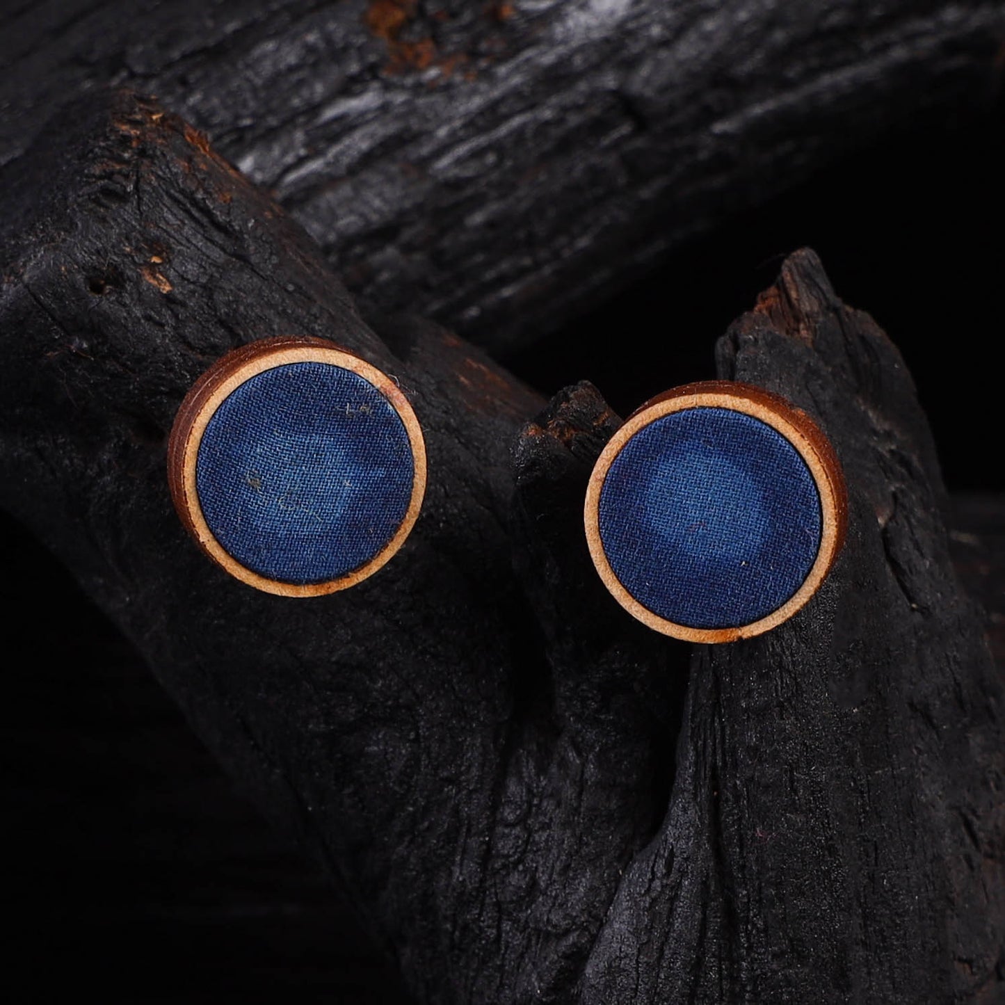 WHE Indigo Repurposed Fabric & Wood Stud Earrings 28
