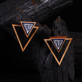 WHE Blue Hand Painted Two Look in One Repurposed Fabric & Wood Triangle Earrings 29