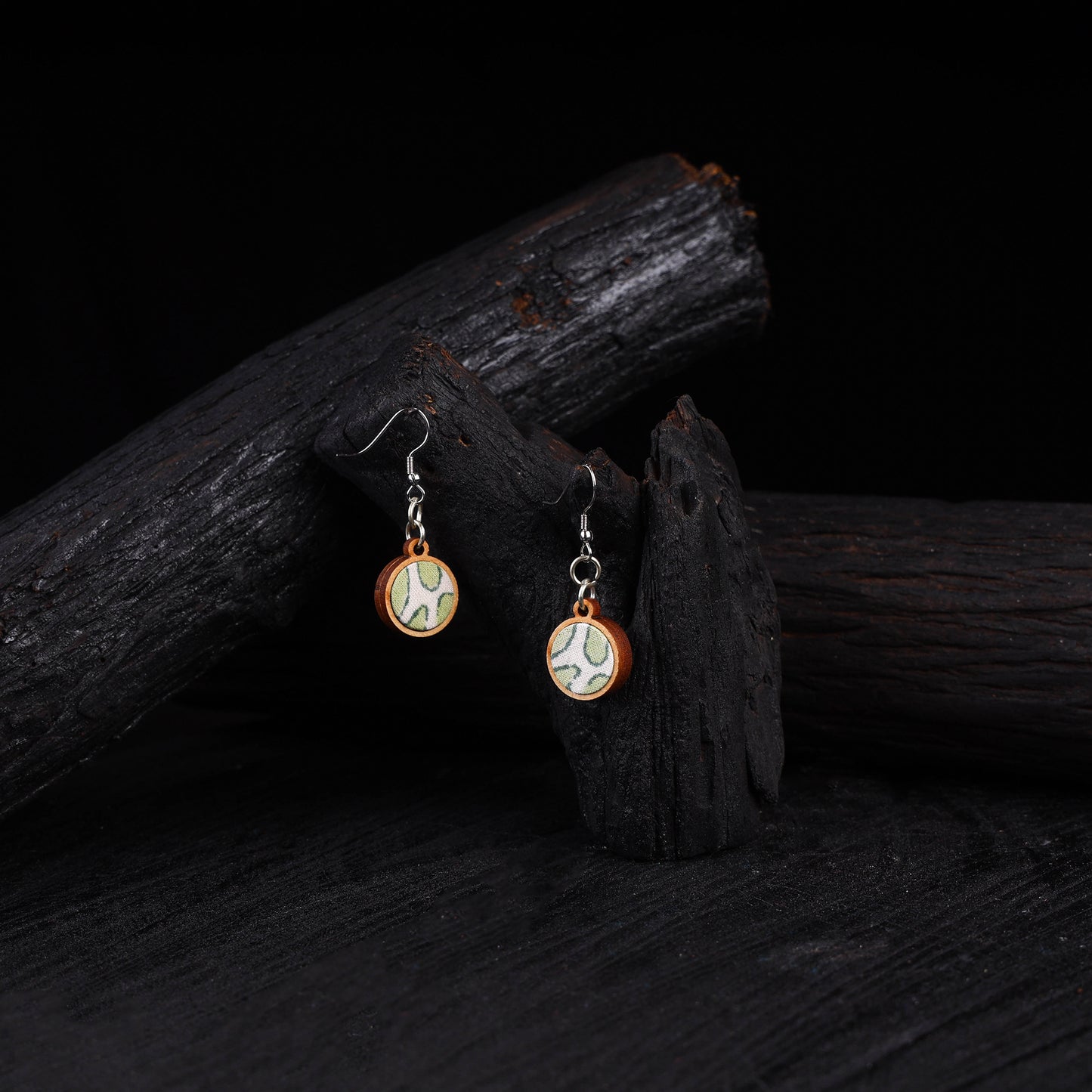 WHE Green Repurposed Fabric & Wood Round Danglers 30