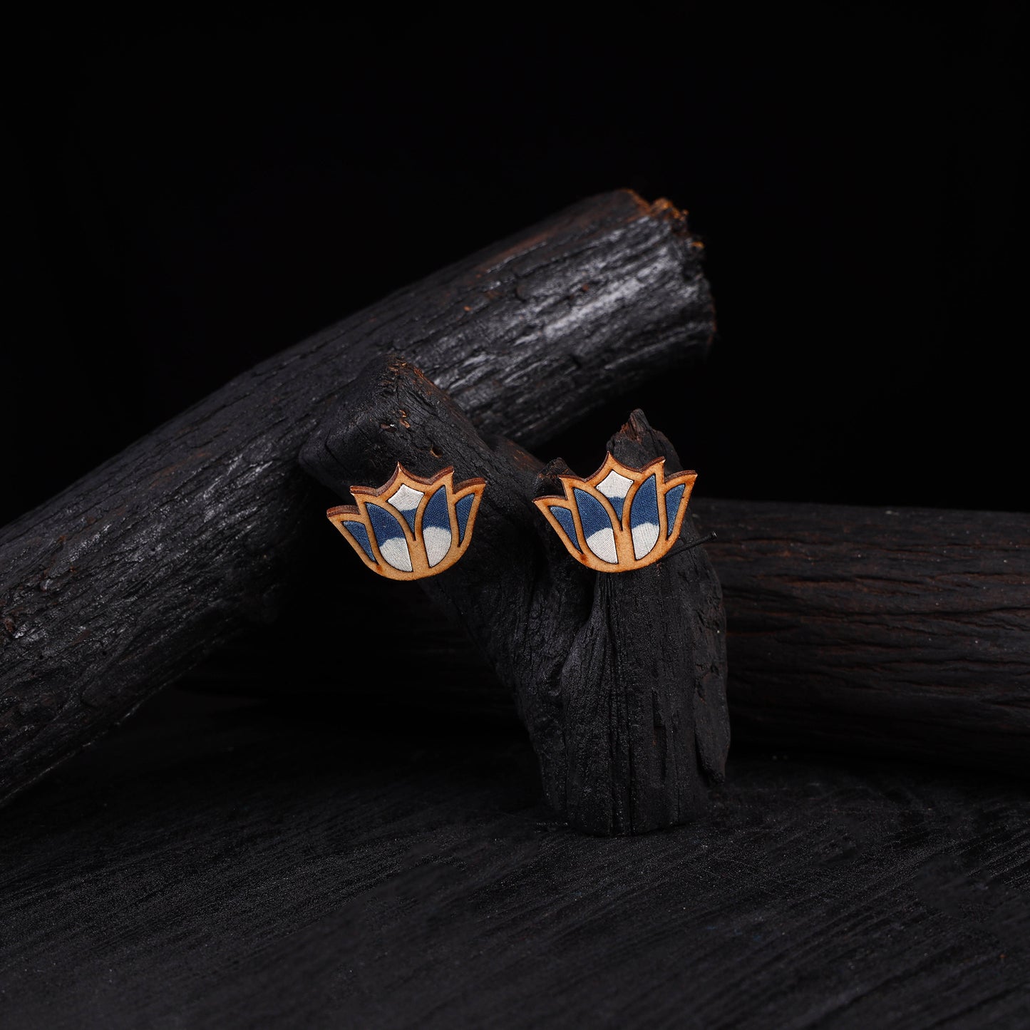 WHE Indigo Bloom Lotus Repurposed Fabric & Wood Earrings 32