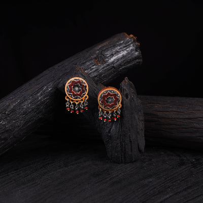 WHE Multicolor Repurposed Ajrakh Fabric & Wood Round Studs Earrings 33