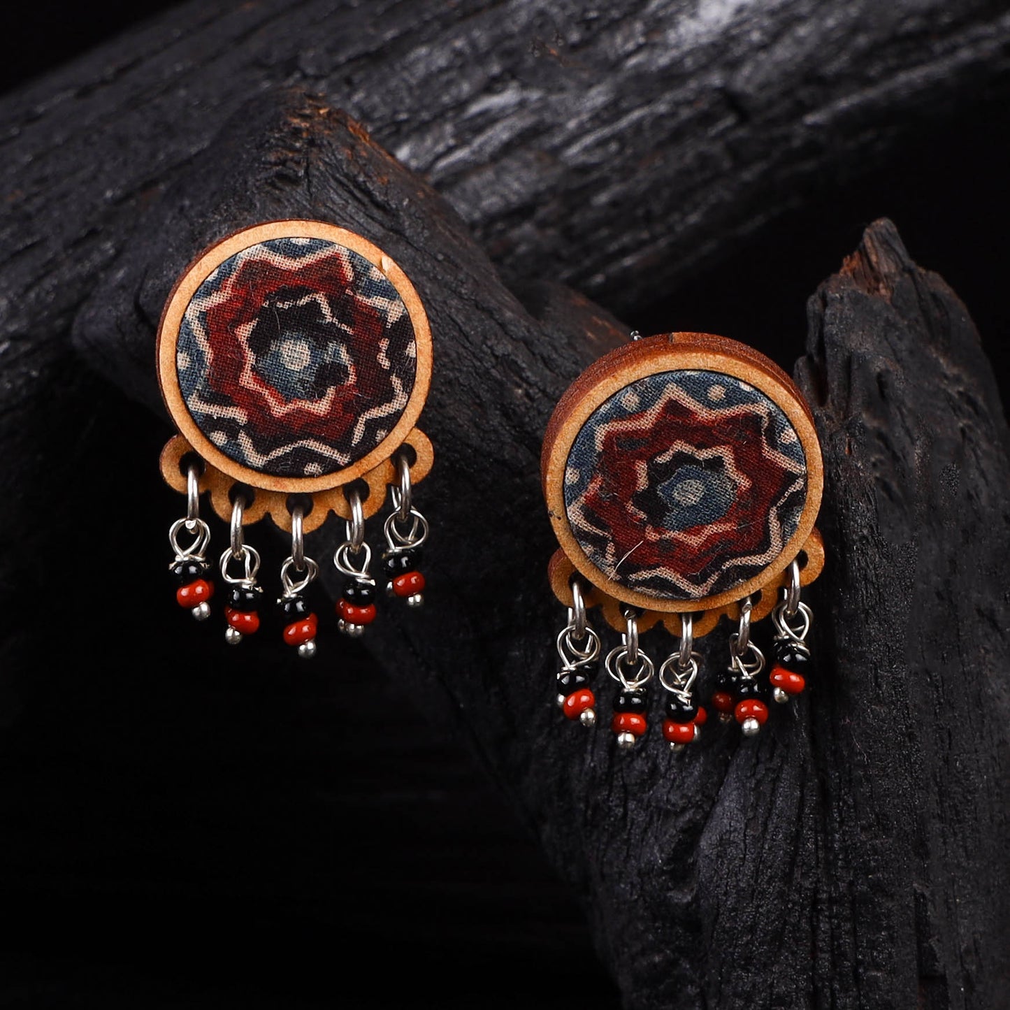 WHE Multicolor Repurposed Ajrakh Fabric & Wood Round Studs Earrings 33