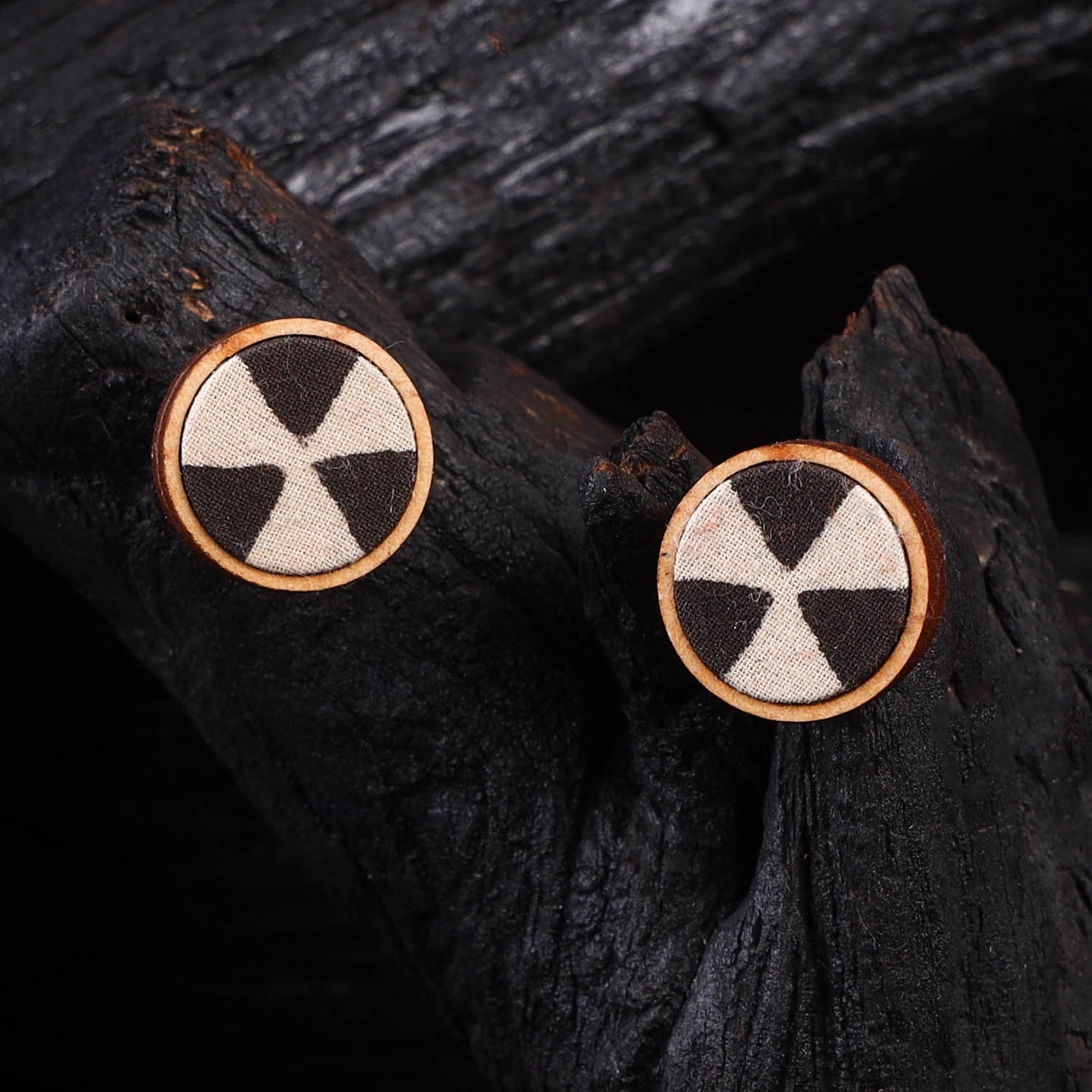 WHE Black & Beige Repurposed Fabric & Wood Stud Earrings 34