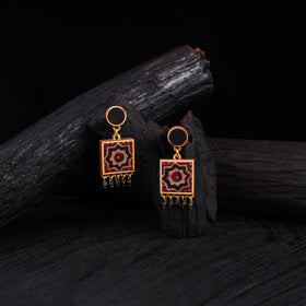 WHE Black Repurposed Ajrakh Fabric & Wood Square Earrings 35