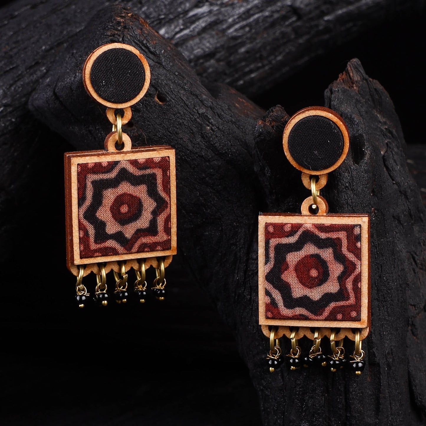 WHE Black Repurposed Ajrakh Fabric & Wood Square Earrings 35