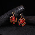 WHE Red Repurposed Ajrakh Fabric & Wood Round Earrings 36