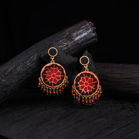 WHE Red Repurposed Ajrakh Fabric & Wood Round Earrings 36
