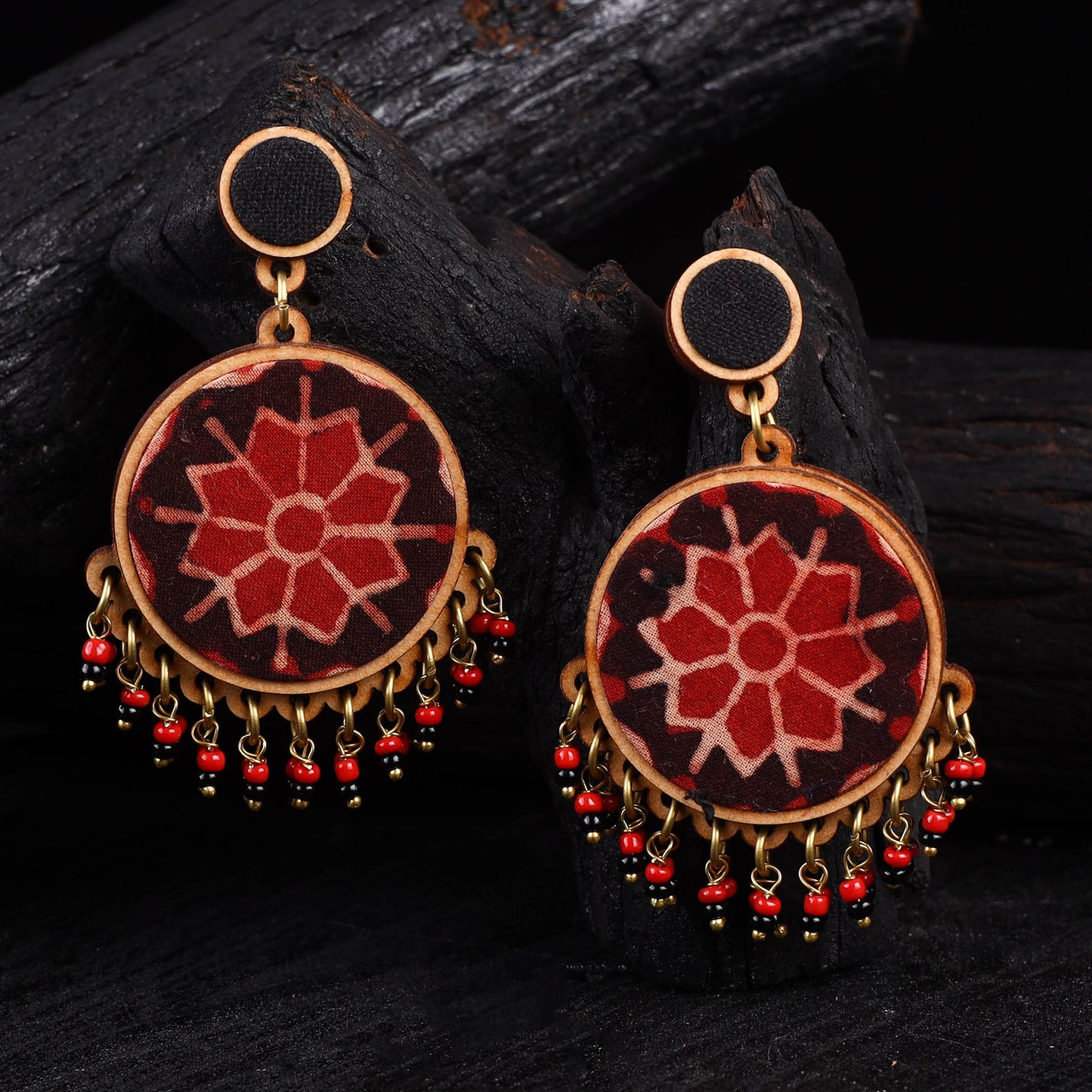 WHE Red Repurposed Ajrakh Fabric & Wood Round Earrings 36