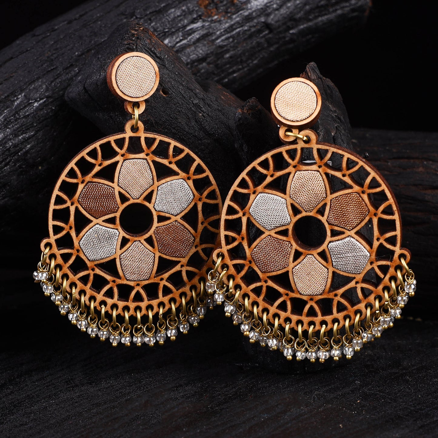 WHE Gold & Silver Festive Wheel Repurposed Fabric & Wood Earrings 37