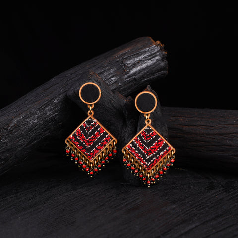 WHE Multicolor Repurposed Kantha Silk Fabric & Wood Earrings 44