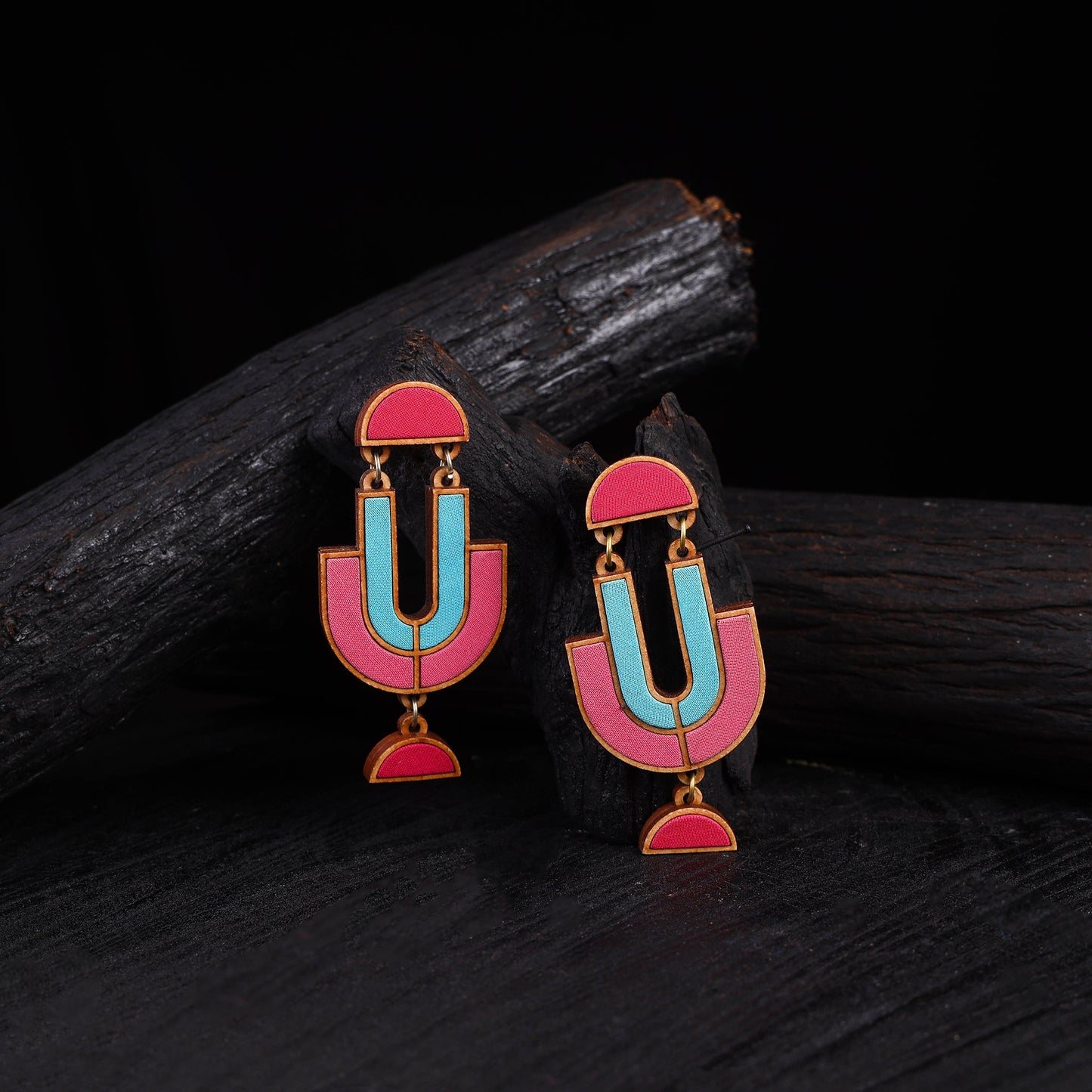 WHE Multicolour Repurposed Fabric & Wood Earrings 46